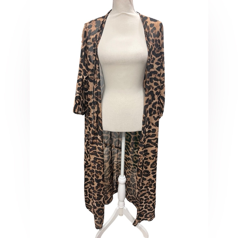 Leopard Print Sheer Duster Kimono Cardigan Tie Waist Boho Festival Large - Picture 6 of 6